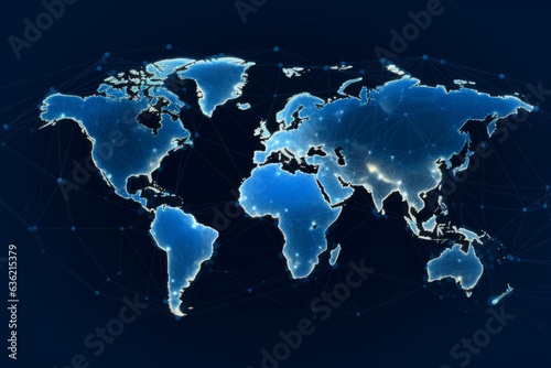Global Connections: Dark Blue Background with Map of Earth and Network Connections, Generative AI