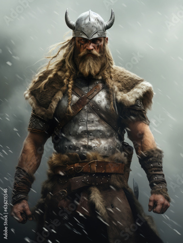 Viking in helmet and armor. Digital art.