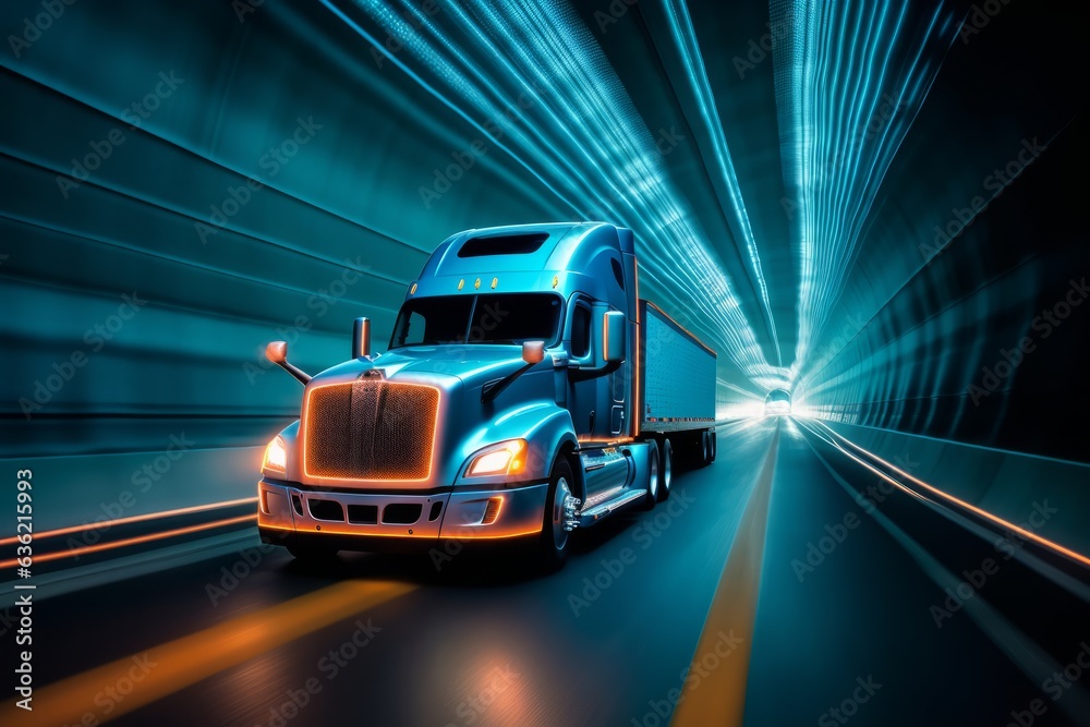 Illuminated Tunnel: A Semi Truck Journeying Through a Dazzling Pathway, Generative AI