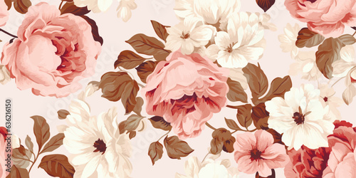Flower and plant. Floral classic seamless print in shabby chic style. Flowers vector illustration: peony, rose, aster, leaves and plants for background, pattern and wallpaper