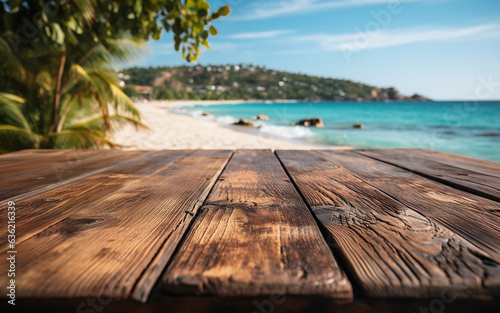 Empty wooden table with blurred beautiful beach background. AI Generated Images