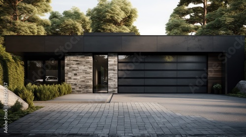 Modern and luxurious garage with driveway and roller door created with Generative AI technology