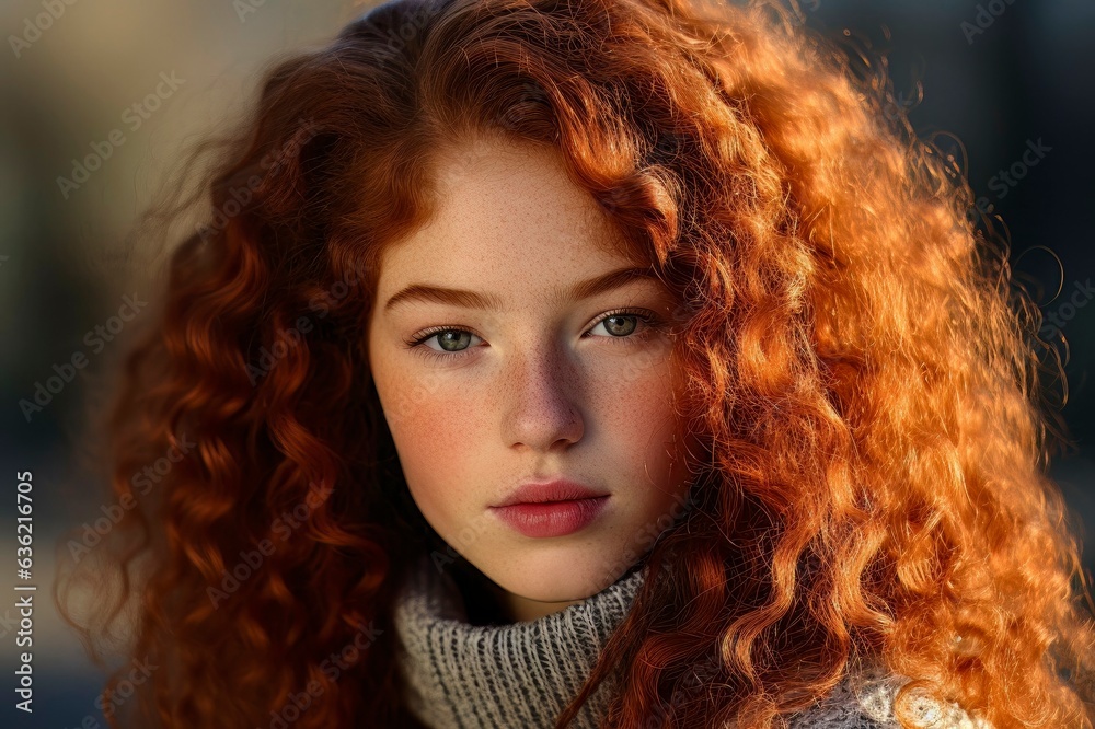 Gentle Redhead Beauty: Close-Up Portrait of a Sweet Girl with Freckles
