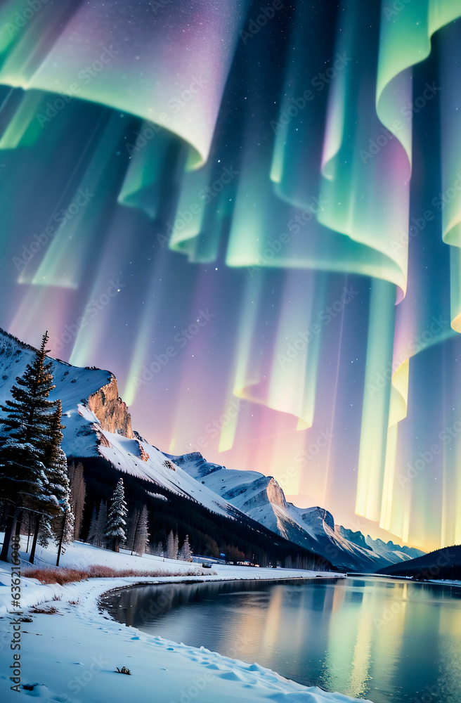 A beautiful aurora that appeared in the night sky over the snow-covered mountains and trees. A fantastic scenery where the aurora is reflected on the surface of the lake.