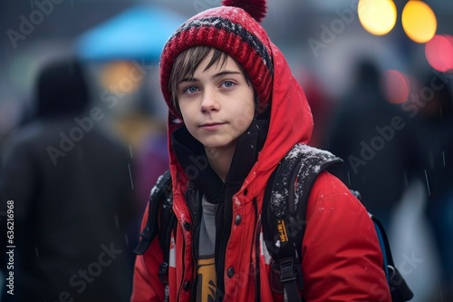 Young Child Walking in the City Snow with a Backpack