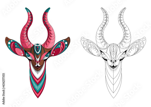 Vector image of a horned animal, consisting of geometric shapes according to the principle of the golden ratio and an outline image for coloring. Antelope. Cartoon. EPS 10