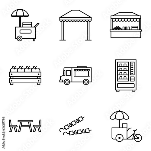 Street food retail icons set. Food market, kiosk, trolley, wheel market stall, mobile cafe, shop, tent, trade cart.