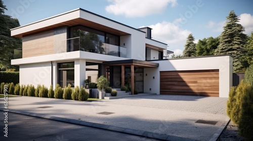 Cottage with Modern and luxurious garage with driveway and roller door created with Generative AI technology © pvl0707