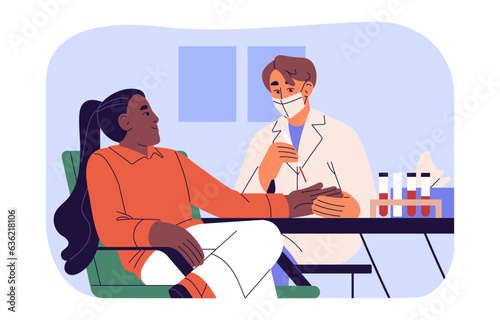 Nurse take blood collection for analysis, testing. Patient on medical examination, checkup health in clinic. Laboratory assistant doing diagnostic, sampling. Flat isolated vector illustration on white