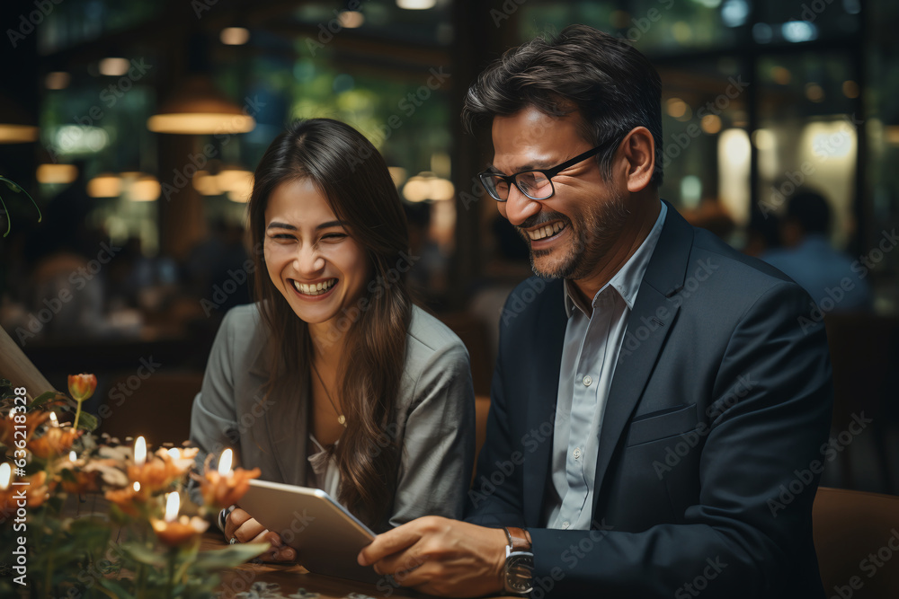 cooperation of two professional people discussing financial market data while standing using tablet in corporate office meeting cooperation of two professional people discussing financial market data while standing using tablet in corporate office meeting