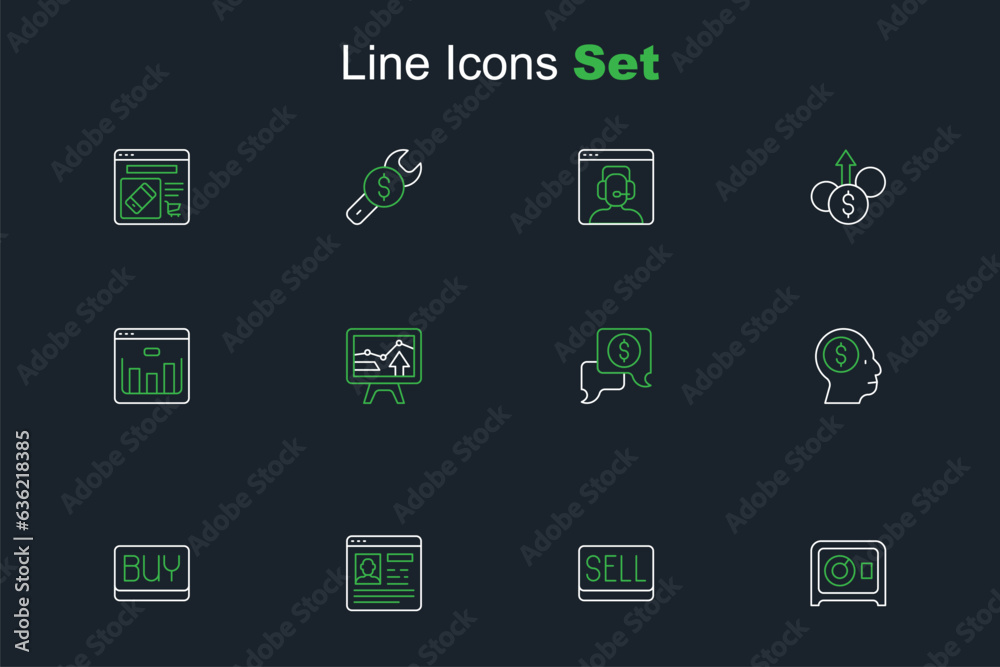 Set line Safe, Sell button, Resume, Buy, Business man planning mind, negotiations, Monitor with graph chart and Browser stocks market icon. Vector Set line Safe, Sell button, Resume, Buy, Business man planning mind, negotiations, Monitor with graph chart and Browser stocks market icon. Vector