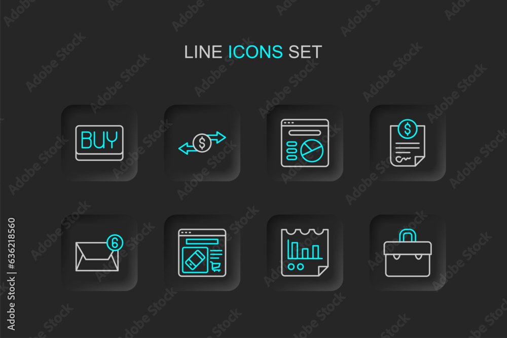 Set line Briefcase, Document with graph chart, Online shopping on screen, Mail and e-mail, Contract money, Pie infographic, Money exchange and Buy button icon. Vector