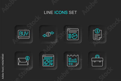 Set line Briefcase, Document with graph chart, Online shopping on screen, Mail and e-mail, Contract money, Pie infographic, Money exchange and Buy button icon. Vector