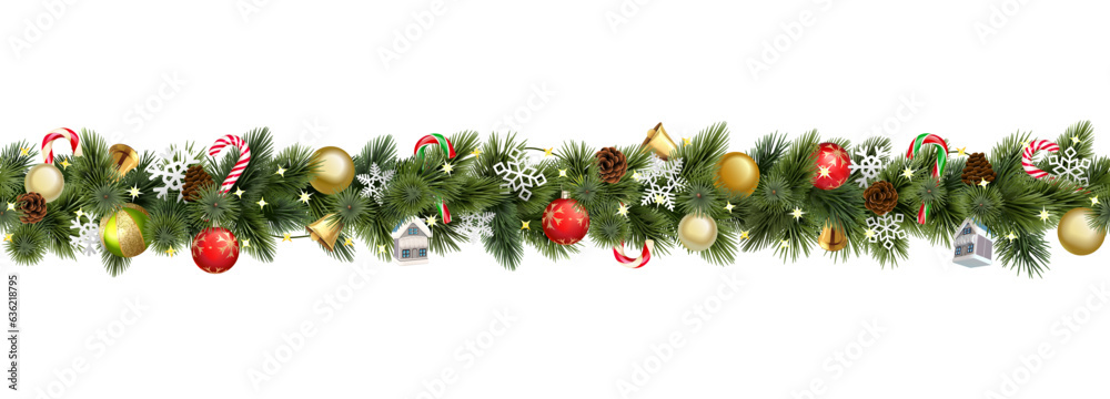 Vector Christmas Branches Border with Christmas Decorations