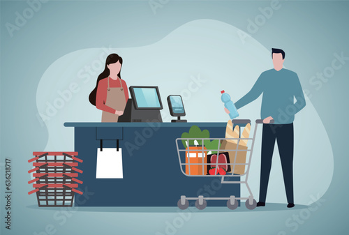 Contactless shopping, Supermarket checkout. Flat Cartoon Vector Illustration.