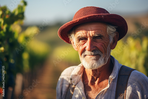 An elderly farmer on the background of a field with vines