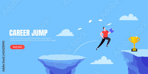 Businessman jumps over the abyss across the cliff flat style design vector illustration. Business concept of fearless businessman with huge courage. Risk, goal achievement, work obstacles and success.