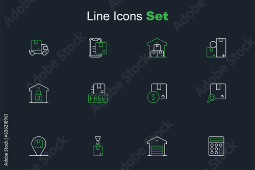 Set line Calculator, Warehouse, Crane with cardboard box, Location, Search package, Carton, Cardboard free symbol and Closed warehouse icon. Vector