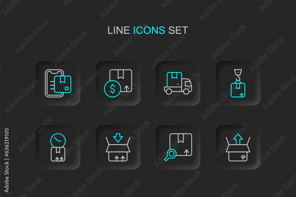 Set line Unboxing, Search package, Carton cardboard, Cardboard with clock, Crane, Delivery cargo truck, and Document tracking marker icon. Vector