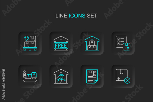 Set line Carton cardboard box, Waybill, Warehouse check, Cargo ship with boxes delivery, Verification of list, Full warehouse, Free storage and Cardboard pallet icon. Vector