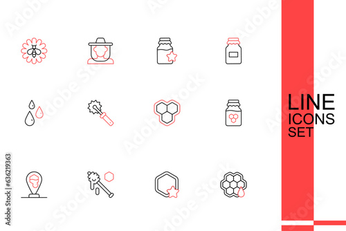 Set line Honeycomb, dipper stick, bee location, Jar of honey, Cutter roll for and Drops icon. Vector
