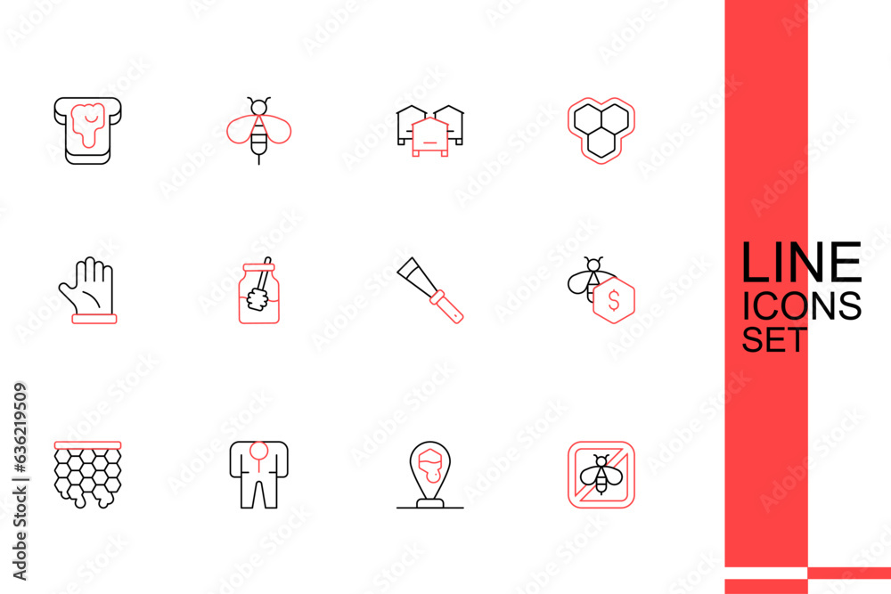 Set line Stop bee, Honeycomb location, Beekeeper costume, Sale of bees, Beekeeping knife, Jar honey and dipper stick and glove icon. Vector Set line Stop bee, Honeycomb location, Beekeeper costume, Sale of bees, Beekeeping knife, Jar honey and dipper stick and glove icon. Vector