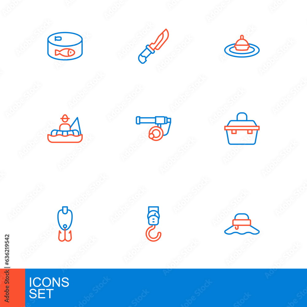 Set line Fisherman hat, Spring scale, Fishing lure, Case or box for fishing equipment, boat, rod, float water and Knife icon. Vector Set line Fisherman hat, Spring scale, Fishing lure, Case or box for fishing equipment, boat, rod, float water and Knife icon. Vector