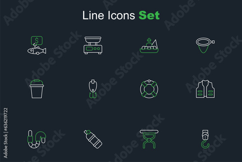 Set line Spring scale, Camping folding chair, Aqualung, Worm, Fishing jacket, Lifebuoy, lure and bucket icon. Vector