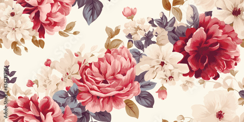 Flower and plant. Floral classic seamless print in shabby chic style. Flowers vector illustration: peony, rose, aster, leaves and plants for background, pattern and wallpaper