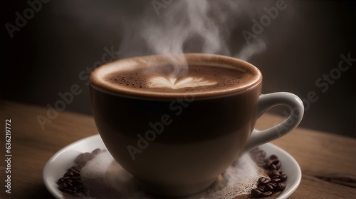 Photograph of a steaming cup of coffee, rich aroma, intricate steam details, warm tones, and natural lighting | International Coffee Day
