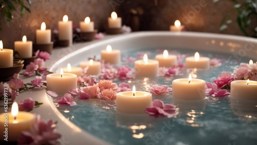Candles on the side of a spa bathtub. Relaxing soap suds soak. Romantic bath