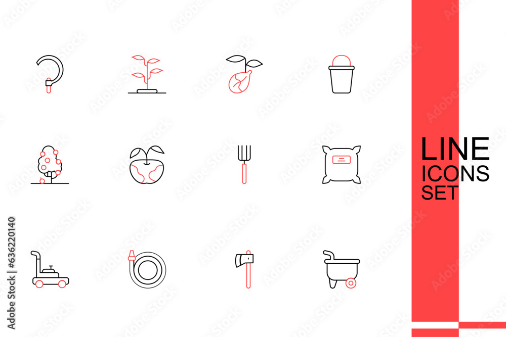 Set line Wheelbarrow, Wooden axe, Garden hose, Lawn mower, Pack full of seeds, pitchfork, Apple and Fruit tree icon. Vector Set line Wheelbarrow, Wooden axe, Garden hose, Lawn mower, Pack full of seeds, pitchfork, Apple and Fruit tree icon. Vector