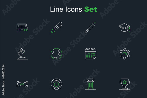 Set line Award cup, Law pillar, Gear, Molecule, School timetable, Earth globe and Table lamp icon. Vector