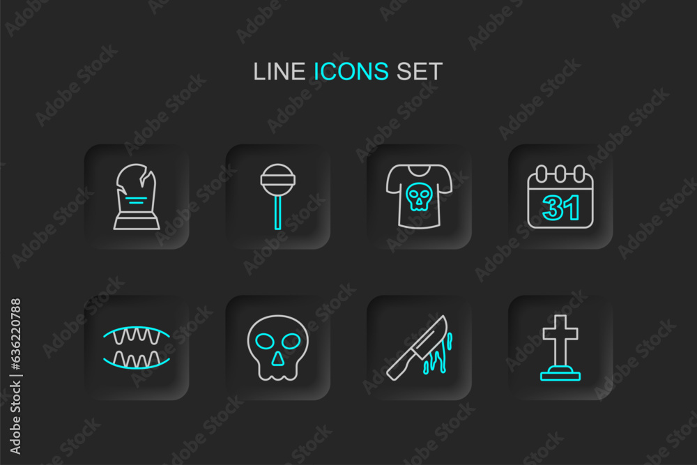Set line Tombstone with cross, Bloody knife, Skull, Vampire teeth, Halloween date 31 october, Shirt skull, Lollipop and RIP written icon. Vector Set line Tombstone with cross, Bloody knife, Skull, Vampire teeth, Halloween date 31 october, Shirt skull, Lollipop and RIP written icon. Vector