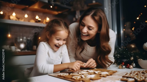 Mother and Daughter Baking Christmas Cookies Together. Generative ai