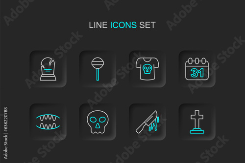 Set line Tombstone with cross, Bloody knife, Skull, Vampire teeth, Halloween date 31 october, Shirt skull, Lollipop and RIP written icon. Vector