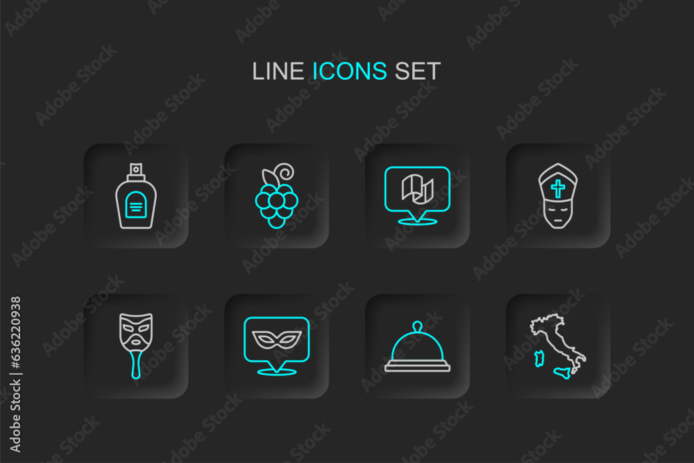 Set line Map of Italy, Covered with tray food, Carnival mask, Pope, Flag, Grape fruit and Perfume icon. Vector Set line Map of Italy, Covered with tray food, Carnival mask, Pope, Flag, Grape fruit and Perfume icon. Vector