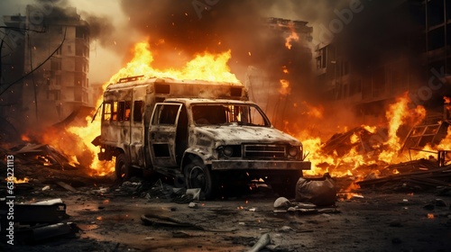 Burned Ambulance amidst Warzone City Devastation. Generative ai