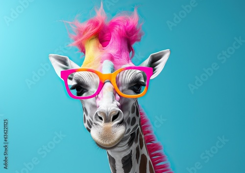An awe-inspiring sight of a majestic mammal, the giraffe with its unique pink hair and glasses, stands tall outdoors, captivating onlookers with its one-of-a-kind beauty