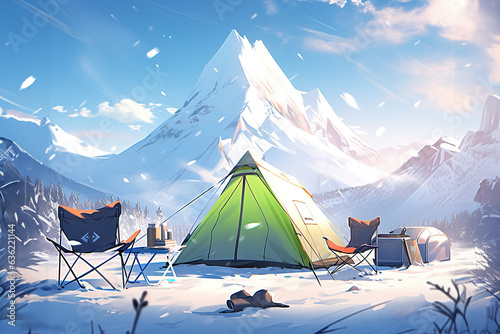 A wintery landscape of a majestic mountain peaks with a stark white tent and chairs beneath a cloudy sky paints a tranquil yet adventurous scene