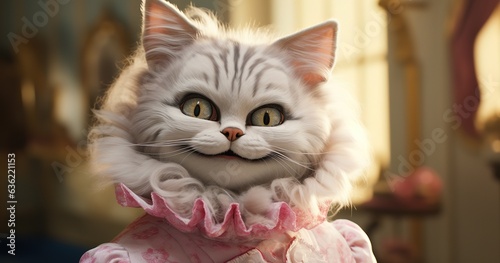 A playful cat wearing a vibrant pink dress prances around indoors, its fluffy fur and whiskers a delightful reminder of the natural beauty of felidae