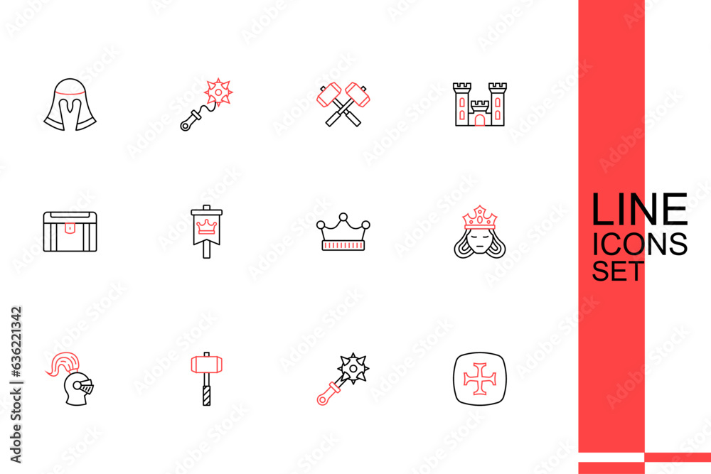 Set line Crusade, Mace with spikes, Battle hammer, Medieval helmet, Princess or queen, King crown, flag and Antique treasure chest icon. Vector Set line Crusade, Mace with spikes, Battle hammer, Medieval helmet, Princess or queen, King crown, flag and Antique treasure chest icon. Vector