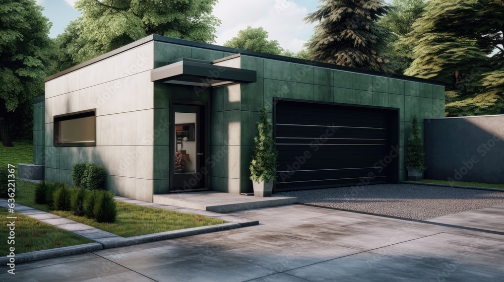 Modern and luxurious garage with driveway and roller door created with Generative AI technology Modern and luxurious garage with driveway and roller door created with Generative AI technology