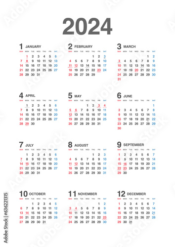 2024年　年間カレンダー縦　日本の祝日・年中行事入り