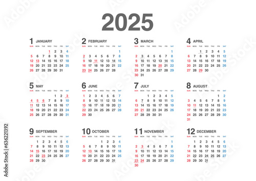 2025年　年間カレンダー横　日本の祝日・年中行事入り