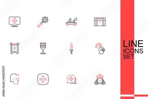 Set line Princess or queen, Crusade, Medieval helmet, sword, goblet and flag icon. Vector