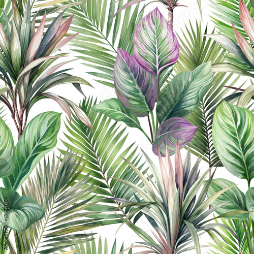 Green palm leaf pattern. Tropical plants. Watercolor botany.