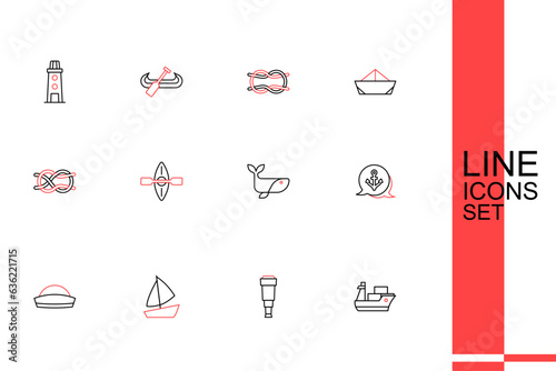 Set line Cargo ship, Spyglass telescope lens, Yacht sailboat, Sailor hat, Anchor, Whale, Kayak and paddle and Nautical rope knots icon. Vector