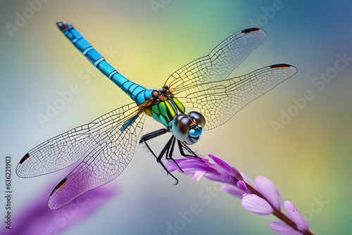 Sky blue tailed dragonfly on a leaf (Generative AI) © KIMGM