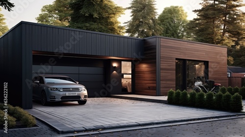 Car near Modern and luxurious garage with driveway and roller door created with Generative AI technology © pvl0707